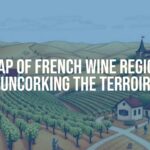 Detailed map of French wine regions, vineyards, rolling hills, rustic charm, warm earthy tones, illustrative style.