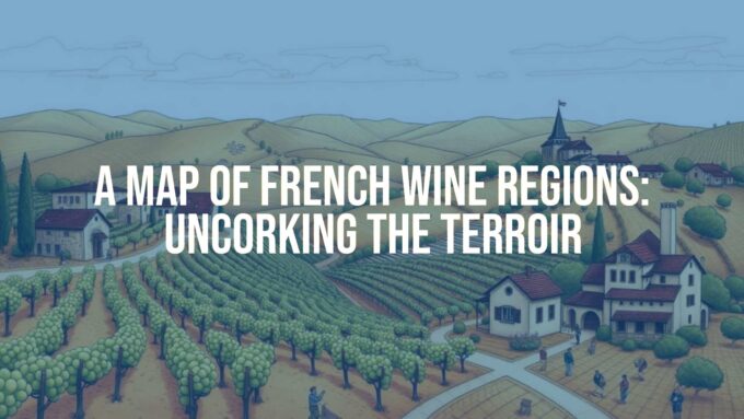 Detailed map of French wine regions, vineyards, rolling hills, rustic charm, warm earthy tones, illustrative style.