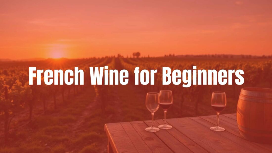 A rustic French vineyard at sunset, rows of grapevines stretching into the distance, a wooden barrel and wine glasses on a weathered table, warm golden light, realistic.