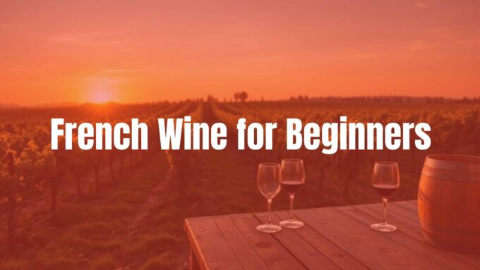 A rustic French vineyard at sunset, rows of grapevines stretching into the distance, a wooden barrel and wine glasses on a weathered table, warm golden light, realistic.