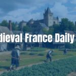 Medieval French village scene, peasants farming, castle in background, realistic.