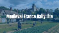 Medieval French village scene, peasants farming, castle in background, realistic.