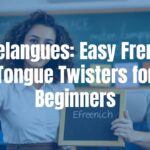 A cheerful French teacher holding a chalkboard with a tongue twister written in French, colorful classroom background, playful and educational vibe.