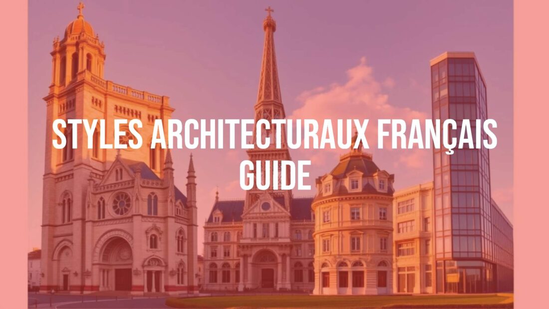 Montage of iconic French architecture styles including Romanesque church, Gothic cathedral, Baroque palace, and modern building, realistic and detailed, golden hour lighting.