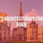 Montage of iconic French architecture styles including Romanesque church, Gothic cathedral, Baroque palace, and modern building, realistic and detailed, golden hour lighting.