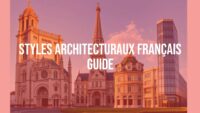 Montage of iconic French architecture styles including Romanesque church, Gothic cathedral, Baroque palace, and modern building, realistic and detailed, golden hour lighting.
