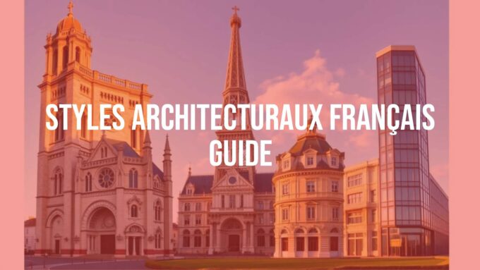 Montage of iconic French architecture styles including Romanesque church, Gothic cathedral, Baroque palace, and modern building, realistic and detailed, golden hour lighting.