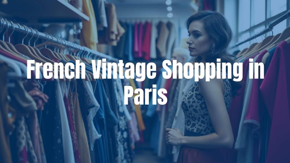 Elegant woman browsing vintage clothing in a Parisian thrift store, racks of colorful garments, soft natural lighting, stylish and nostalgic atmosphere.