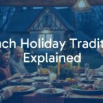 A cozy French countryside scene with a family gathering for a holiday meal, rustic table filled with traditional dishes, warm lighting, festive decor, and a charming old house in the background, realistic style.