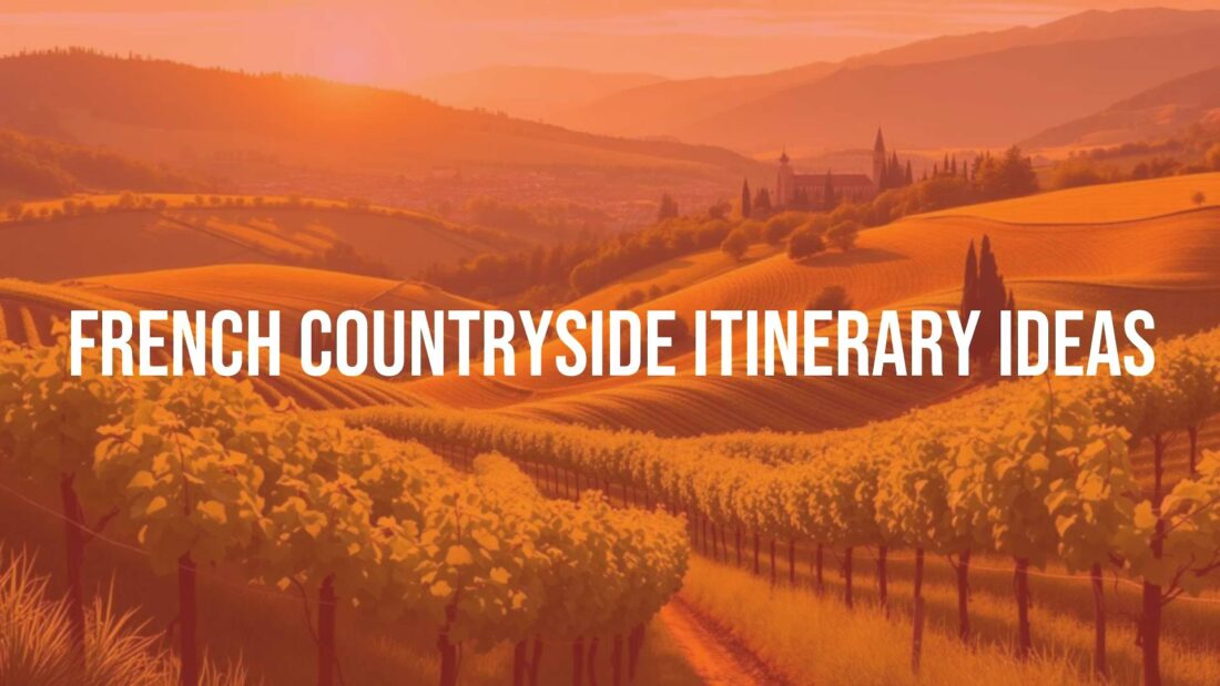 Scenic French countryside with rolling vineyards, a medieval village in the distance, warm golden sunlight, rustic charm, peaceful atmosphere, illustrative style.