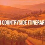 Scenic French countryside with rolling vineyards, a medieval village in the distance, warm golden sunlight, rustic charm, peaceful atmosphere, illustrative style.