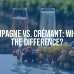 Two elegant champagne flutes, one with golden Champagne and the other with pale Crémant, bubbles rising, on a marble table with grapes and a vineyard in the background, soft lighting, realistic.