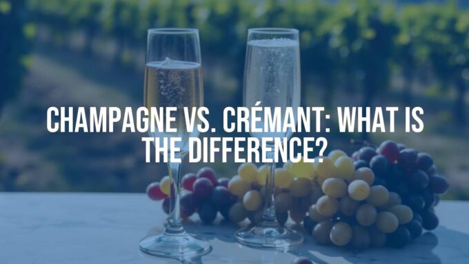 Two elegant champagne flutes, one with golden Champagne and the other with pale Crémant, bubbles rising, on a marble table with grapes and a vineyard in the background, soft lighting, realistic.