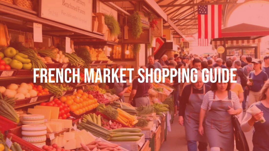 A bustling French market scene with colorful fresh produce, cheeses, and bread on display, vendors in aprons, lively crowd, warm sunlight, rustic ambiance, realistic.