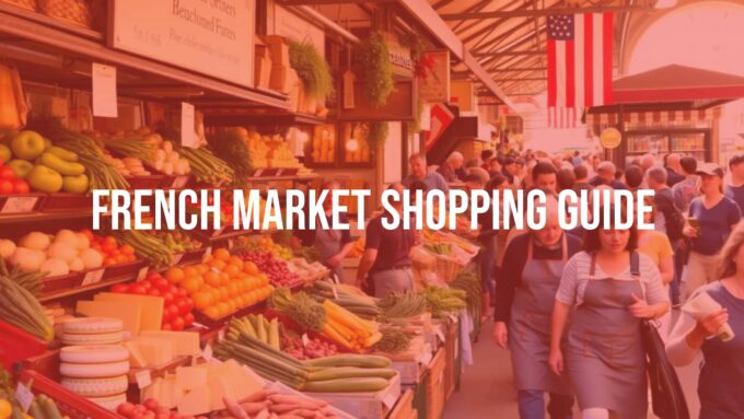 A bustling French market scene with colorful fresh produce, cheeses, and bread on display, vendors in aprons, lively crowd, warm sunlight, rustic ambiance, realistic.