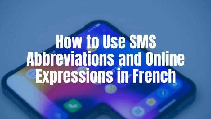 Smartphone screen displaying French text abbreviations with emojis, modern, vibrant colors, digital communication style.