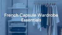 Elegant French capsule wardrobe essentials, neutral tones, minimalist style, neatly folded clothes and hanging garments, soft natural lighting, realistic.