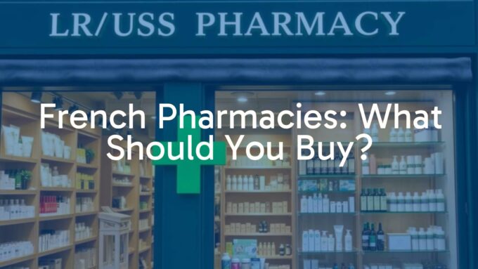 Exterior of a French pharmacy with a green cross sign, shelves filled with skincare and beauty products, warm and inviting atmosphere, realistic style.