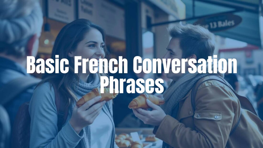A cheerful tourist holding a croissant and speaking French with a local at a Parisian bakery, warm sunlight, casual and friendly atmosphere, realistic.
