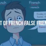 A confused student looking at French and English words on a blackboard, false friends highlighted in red, educational atmosphere, illustrative style.