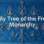 An ornate medieval-style family tree of French monarchs, featuring portraits of kings and queens, connected by intricate branches, royal blue and gold tones, historical and regal.