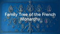 An ornate medieval-style family tree of French monarchs, featuring portraits of kings and queens, connected by intricate branches, royal blue and gold tones, historical and regal.
