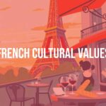 Eiffel Tower with French flag colors, elegant Parisian café scene, people chatting, baguettes and wine on table, warm sunset lighting, illustrative style.