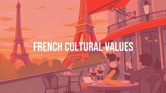 Eiffel Tower with French flag colors, elegant Parisian café scene, people chatting, baguettes and wine on table, warm sunset lighting, illustrative style.