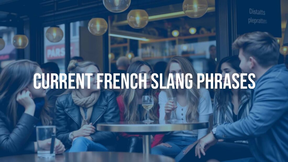 Stylish young people chatting in a Parisian cafe, French slang speech bubbles, modern and vibrant.
