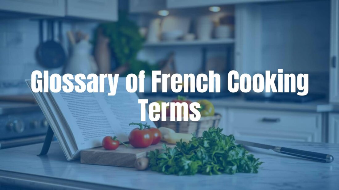 Elegant French kitchen scene with fresh ingredients, a chef's knife, and open cookbook with French terms, warm lighting, realistic.