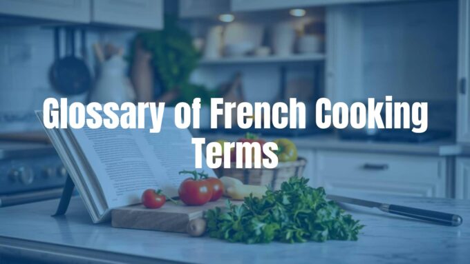 Elegant French kitchen scene with fresh ingredients, a chef's knife, and open cookbook with French terms, warm lighting, realistic.