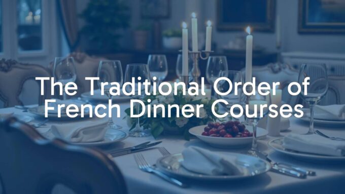 Elegant French dinner table setup, traditional courses arranged with fine china, candles, wine glasses, and a warm ambiance, realistic.