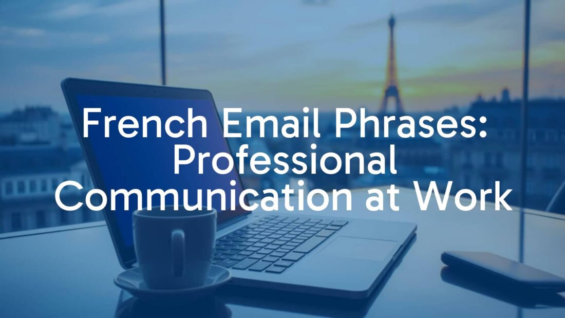 Professional French email on a laptop screen, elegant workspace with a coffee cup, Paris cityscape in the background, warm lighting, realistic.