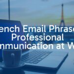 Professional French email on a laptop screen, elegant workspace with a coffee cup, Paris cityscape in the background, warm lighting, realistic.